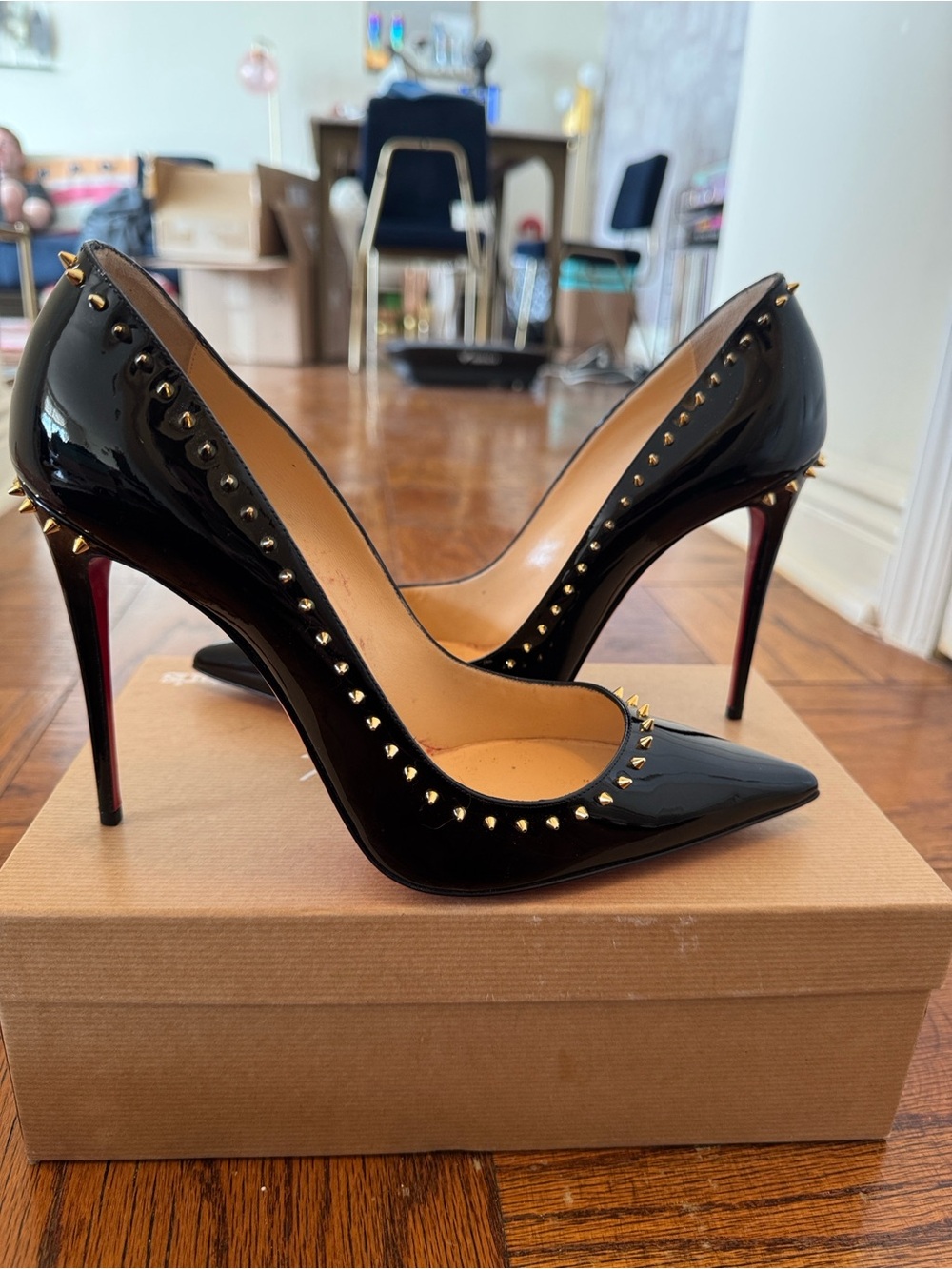Christian Louboutin Anjalina Black Patent Spike-Trim Pointed-Toe Pumps